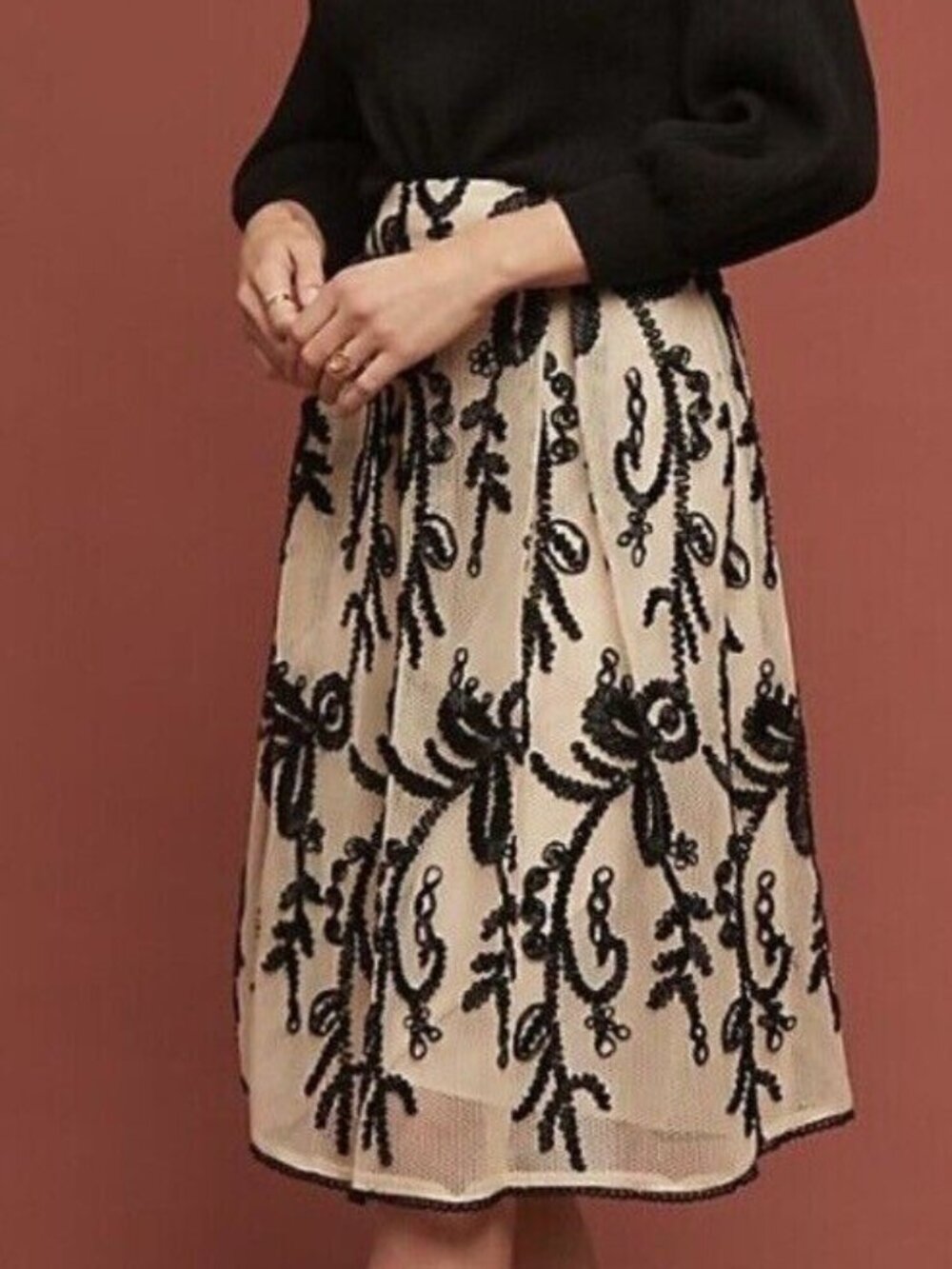 Anthropologie dRA Los Angeles Ivory Black Embroidered Tulle Skirt XS NWT